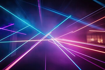 Poster - abstract neon light streaks in dark space. vibrant colorful beams crisscrossing. intense colors agai