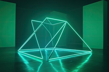Poster - abstract geometric structure illuminated by vibrant teal neon lights. a modern, minimalist design co