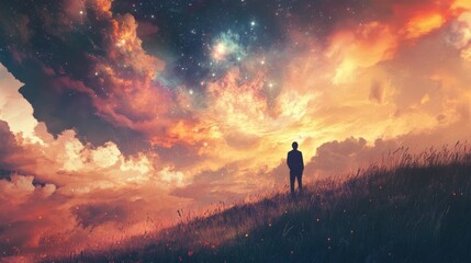 Wall Mural - Silhouette of man looking up at a starry sky with bright colors. A digital art painting.