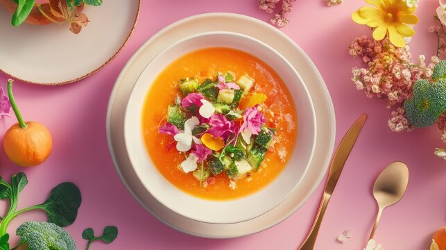 Vista superior de tazn con sopa diettica de verduras, colores vibrantes, ambiente clido y acogedor de cena casera