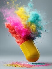 Aufkleber - Medicine Capsule Bursts Into Vibrant Colorful Powder Creating a Dynamic Splash of Hues Generative AI