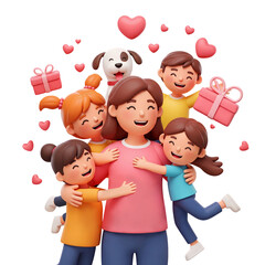 Poster - 3d rendering mother surrounded by her children and their dog cartoon characters with flowers and hearts isolated on transparent background, PNG file add