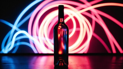 Aufkleber - Neon light trails swirling around wine bottle silhouette on dark background