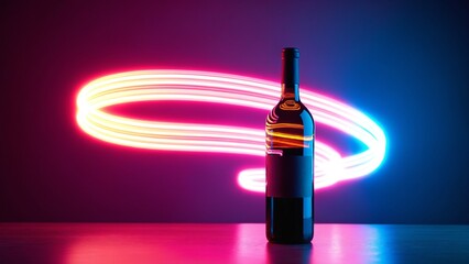 Aufkleber - Neon light trails swirling around wine bottle silhouette on dark background