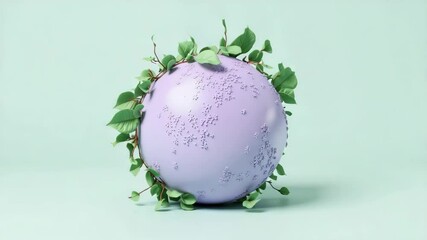 Poster - A pastel purple sphere with textured petals and green leaves growing around it, set against a soft mint background.