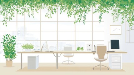 Poster - Sustainable workplace interior with greenery eco friendly office space for business and employee wellbeing creating calm innovative workspace