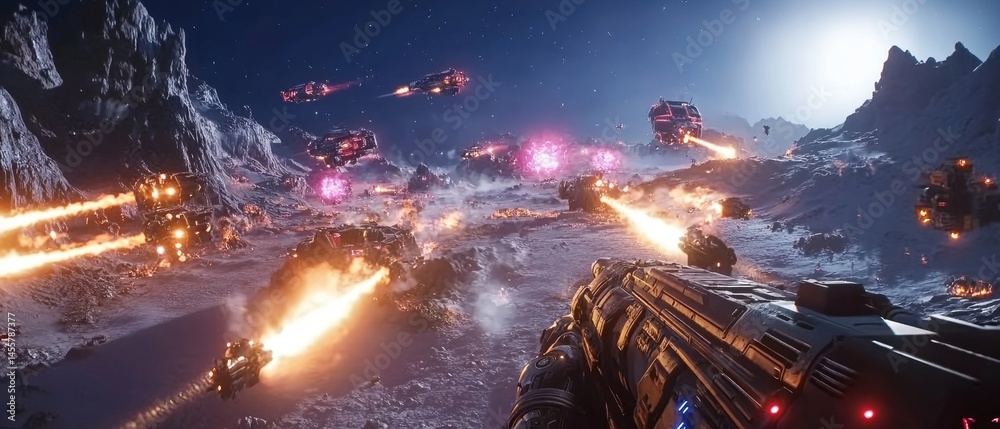 dramatic alien battlefield where energy weapons light the dark terrain ...