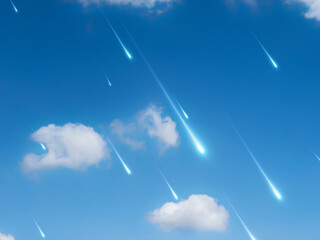 Wall Mural - meteor storm in the daytime sky. falling stars on the background of clouds. bright fireballs, fallin