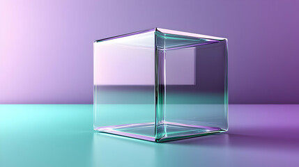 Empty, clear glass cube on a gradient background.  The cube's edges are highlighted, showing a translucent quality.  Its interior is completely transparent
