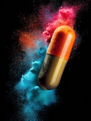 Aufkleber - Medicine Capsule Bursts Into Vibrant Colorful Powder Splash Showcasing Dynamic Energy and Creativity Generative AI