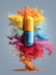 Aufkleber - Colorful Powder Explosion From a Medicine Capsule Creating an Artistic Display of Vibrant Hues Generative AI