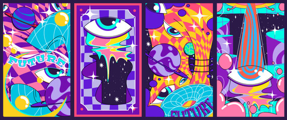 Poster - Psychedelic retro posters set with abstract shapes. Vector illustration of bright color futuristic banners with eye, planets in space, geometric wireframe elements, surreal background, y2k aesthetic