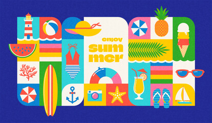 Enjoy Summer - Colorful Geometric Vector Banner with Beach Elements and Holiday Icons