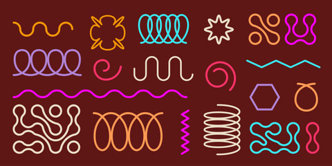 Poster - colorful metaball and spring spiral coil elements set - flexible zigzag waves, wavy random tangled l