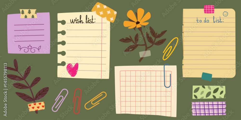 Notebook Paper Notes And Flowers On Green Planner Board Background notebook-paper-notes-and-flowers-on-green-planner-board-background