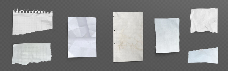 Poster - torn folded paper sheets set - ripped notepad pages with curled corners, crumpled blank letter, squa