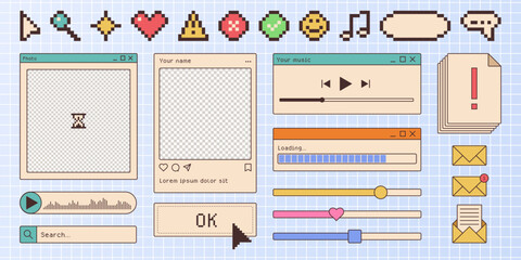 Poster - Retro browser window interface elements - profile photo frame, loading progress bar, music player controls. 8-bit pixel art icons, search bar cursor and dialog box buttons. Nostalgic 90s web design
