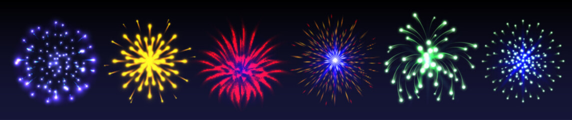 Poster - Firework explosion effects set - festive colorful bursts blue and yellow, red and green. Sparkling light trails, glowing stars collection. Bright holiday celebration design elements on dark background