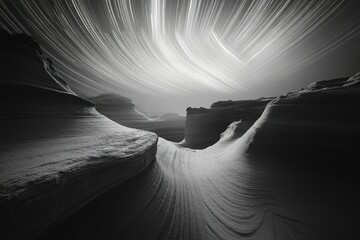 star trails illuminate a dramatic black and white landscape of swirling rock formations.