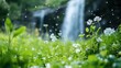 © Great - Waterfall mist, wildflowers, green meadow, nature. Nature photography, website banner