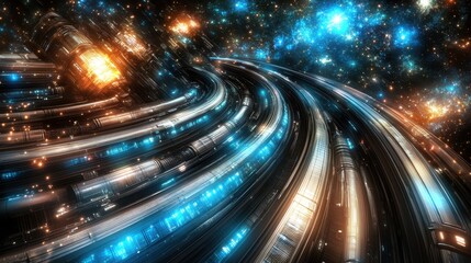 Poster - Iridescent light streams traversing dynamic pathways and cosmic convergence illuminating interdimensional avenues of energy projection