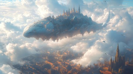 Fototapete - A fantastical cityscape built on the back of a giant, slumbering creature floating peacefully in the clouds.