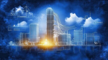Poster - Neon cityscapes illuminated skyline futuristic metropolis at night digital urban artwork contemporary aesthetic glowing modern structures