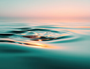 Poster - Serene teal water surface reflecting a soft peachy sunset creating a calming and tranquil scene.  The gentle ripples and golden light evoke a sense of peace and serenity. : Generative AI