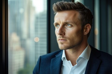 Poster - A pensive businessman looks out a window, contemplating future plans and strategies.