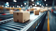 © Generative AI - A cardboard box moves along a conveyor belt in a modern warehouse showcasing efficient logistics and fast package delivery. : Generative AI