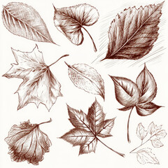 Poster - Collection of detailed handdrawn autumn leaves showcasing various shapes and textures perfect for seasonal designs and fallthemed projects.  The leaves are rendered in sepia tones agai : Generative AI
