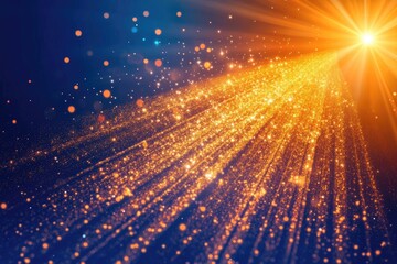Poster - golden light rays explode from a central sun, cascading down dark blue background. particles and gli