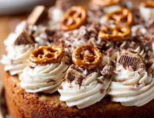 Poster - Closeup of a delicious caramel pretzel cheesecake adorned with swirls of whipped cream and chocolate pieces. The sweet treat is perfect for autumn celebrations. : Generative AI