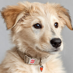 Poster - Adorable fluffy creamcolored puppy wearing a beige collar with a red heart charm looks thoughtfully to the side against a neutral gray backdrop.  Its soft fur and expressive eyes creat : Generative AI