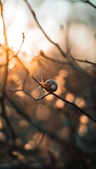 Wall Mural - Stunning macro image of a snail on a branch at golden hour with blurred natural background