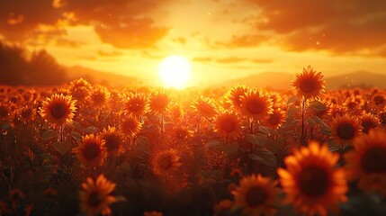 Fototapete - A field of sunflowers at dawn, their faces turned towards the rising sun, a symbol of hope and new beginnings.