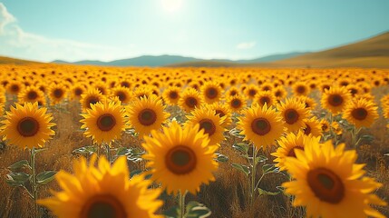 a field of sunflowers in full bloom, their bright yellow faces turned towards the sun under a clear 