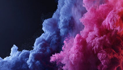 Poster - Abstract vibrant explosion of blue and pink powder clouds against a dark background creating a dynamic and energetic visual effect. : Generative AI