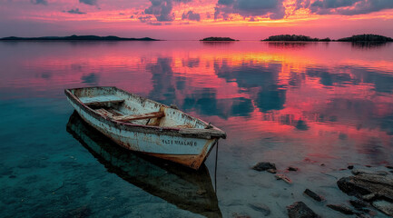 Poster - Serene sunset over calm water reflecting vibrant pink and orange hues with a weathered wooden rowboat gently resting on the shore. : Generative AI