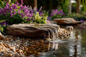 Poster - Serene garden water feature with a small waterfall cascading from a brown stone into a pond surrounded by pebbles and purple flowers. : Generative AI