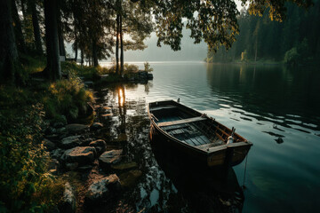 Poster - Serene sunrise over a tranquil lake a wooden rowboat gently rests near the shore surrounded by lush greenery and towering trees. : Generative AI
