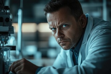 Poster - A serious scientist intensely focused on his laboratory work, examining samples with a microscope.