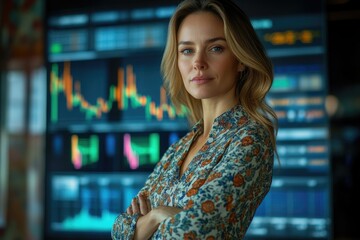 Fototapete - Confident businesswoman stands arms crossed, stock market data displayed behind her.