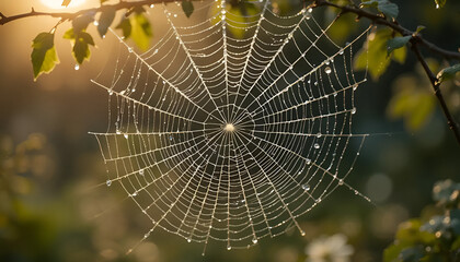 Dew-Kissed Spider Web: A delicate spider web shimmers with dew drops in the soft light of dawn, showcasing the intricate beauty and fragility of nature's