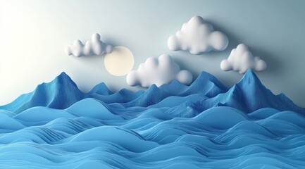 Wall Mural - Stylized digital landscape with puffy clouds.