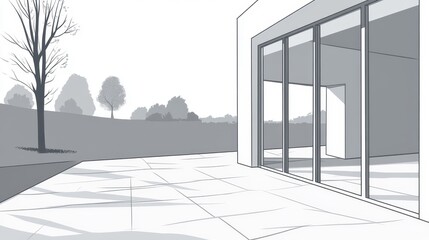 Poster - Contemporary minimalist building design in monochrome offering architectural illustration showcasing elegance and spaciousness