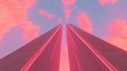 Poster - futuristic city skyline with vibrant pink and purple sunset ethereal glow and geometric architecture
