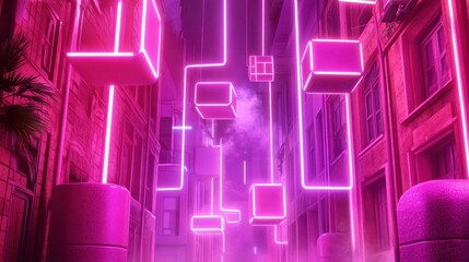 Poster - futuristic cityscape bathed in magenta light with floating geometric shapes creates a cybernetic str