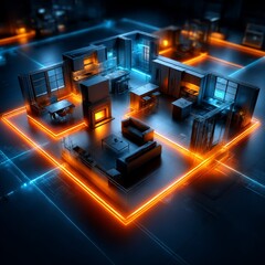 Leinwandbilder - Futuristic Blueprint: A High-Tech Interior Design with Neon Outlines Illuminating Modern Living Spaces