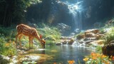 A peaceful scene of a deer drinking water from a clear mountain stream surrounded by lush greenery.